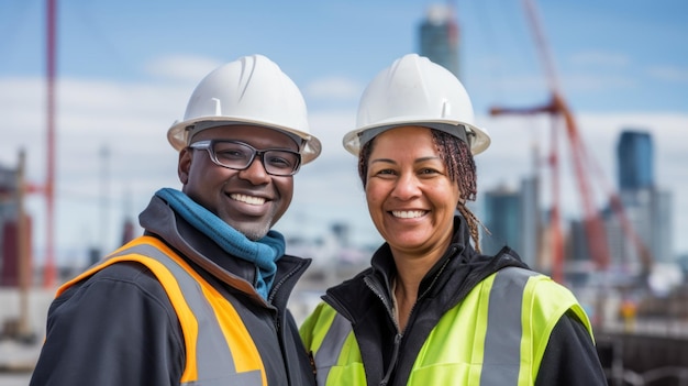 Engineers posing together in protective clothing and helmets at the work site