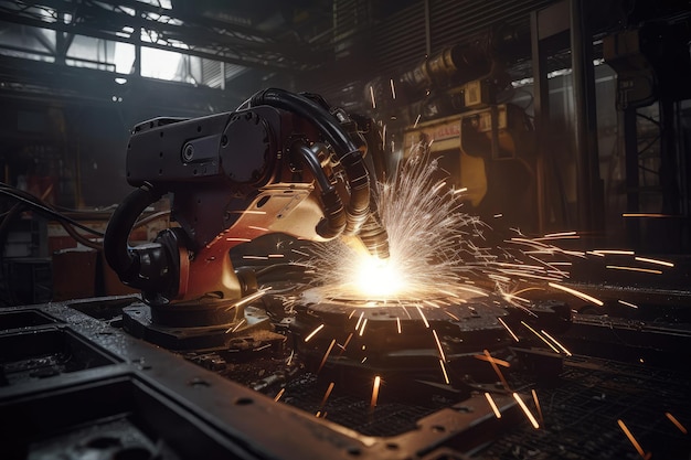 Engineers program robotic welder in automated factory Sparks glow generative IA