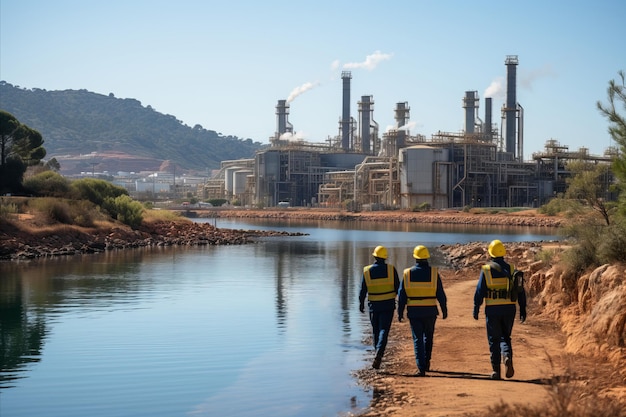 Engineers in protective clothing walking to power station along scenic waterfront path