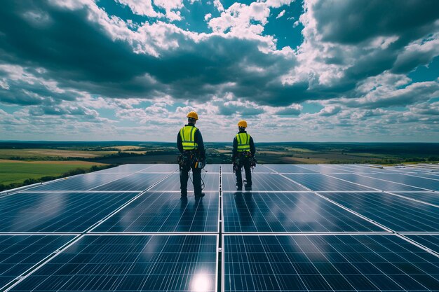 Photo engineers and technicians inspecting and maintaining solar panels for renewable energy projects