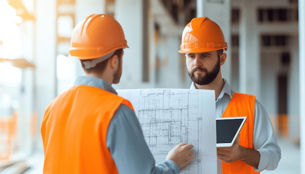 Photo engineers wearing hard hats reviewing blueprints on a tablet at a construction site digital blueprint construction technology