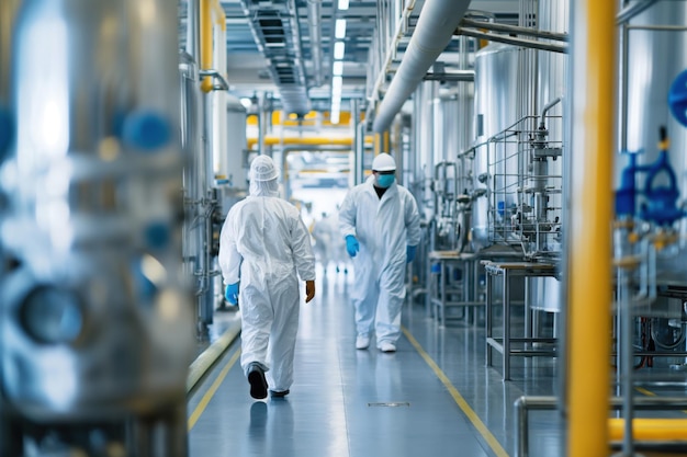 Photo engineers wearing hazmat suits walking in a sterile factory corridor inspecting industrial equipment