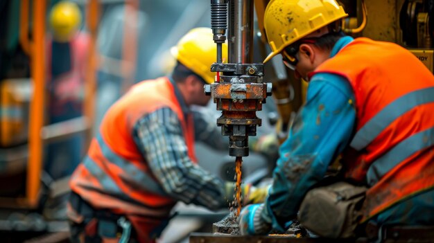 Photo engineers and workers wearing safety guards work in drilling underground tunnels for construction