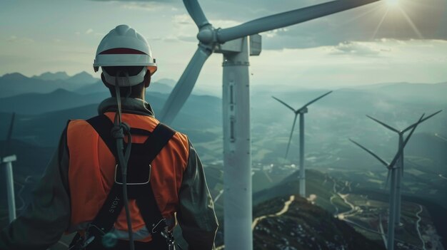 Photo engineers and workers wearing safety harnesses work on wind turbines