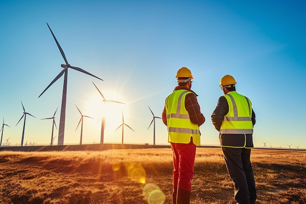 Engineers working on a wind farm Future production of renewable sustainable energy and climate change Generative AI