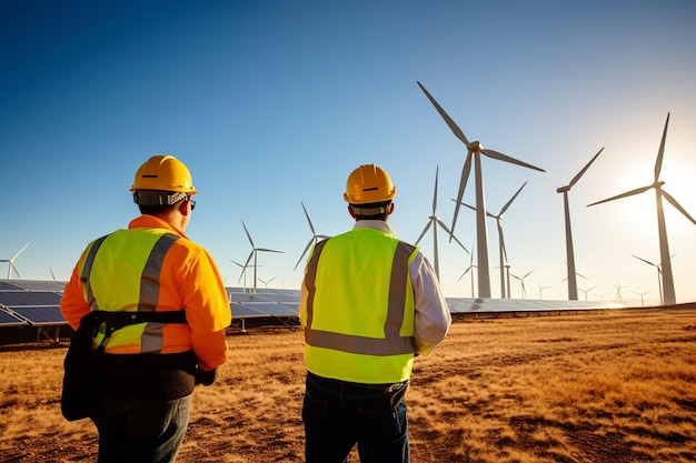 Engineers working on a wind farm Future production of renewable sustainable energy and climate change Generative AI