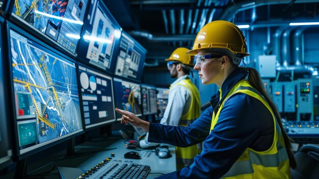 Photo engineers working with multiple screens in a hightech control room