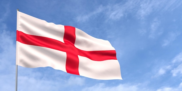 England flag on flagpole on blue sky background English flag waving in the wind on a background of sky with clouds Place for text 3d illustration