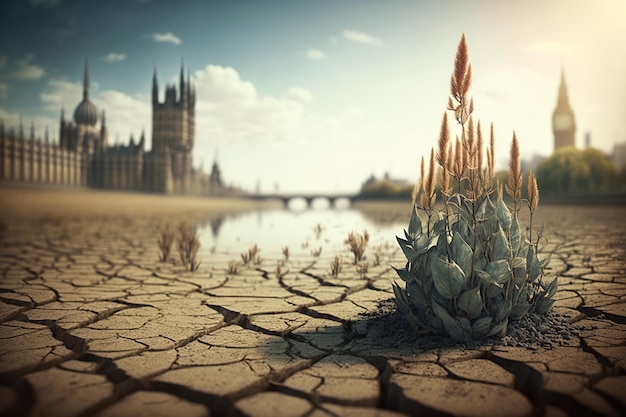 England suffers a severe drought the River Thames dries up at its father through London Ai generated