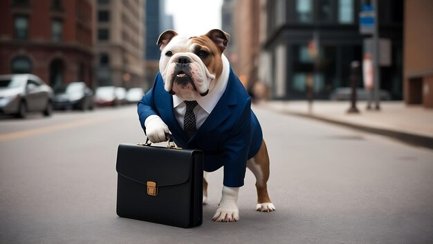 Photo english bulldog in business suit with briefcase walking in the city