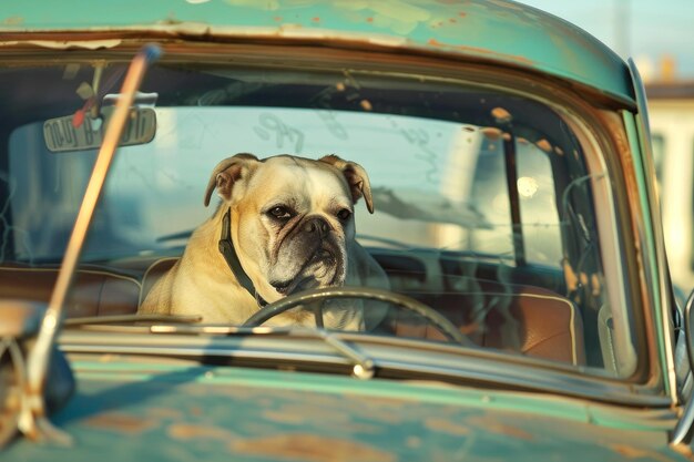 English bulldog driving vintage car at sunset