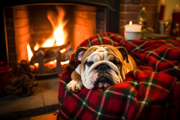 an English bulldog is lying on a sofa covered with a wool plaid plaid a fireplace is burning next to it