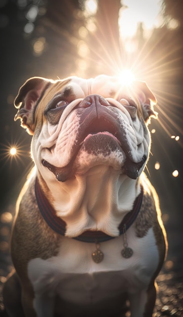 English bulldog portrait with sun flare in the background filtered image Generative AI