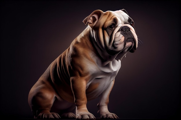 English bulldog standing and looking at the camera on a dark backgroundgenerative ai