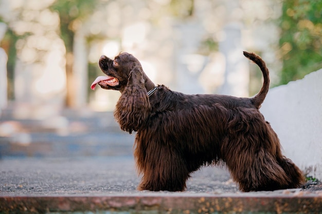 English Cocker Spaniel dog at the park. Beautiful dog on green grass.