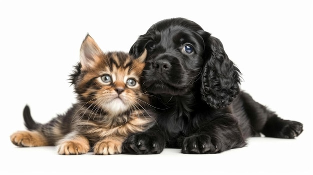 English cocker spaniel puppy dog hugs kitten Pets look up together isolated on white background