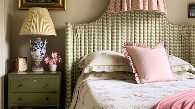 English cottage bedroom interior with pink and sage green decor