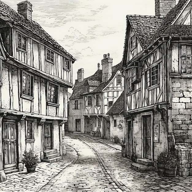 English medieval street ancient houses black and white drawing retro style engravings