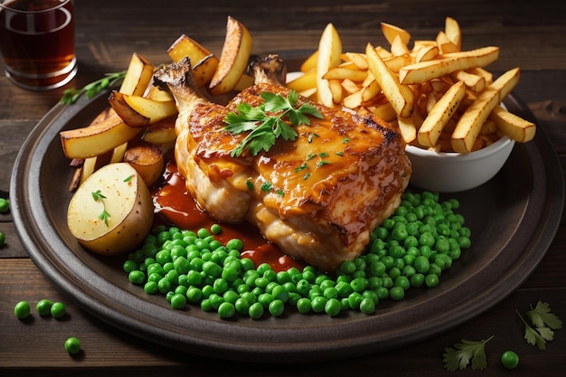 English Pub Classic Hunters Chicken with green peas and potato fries