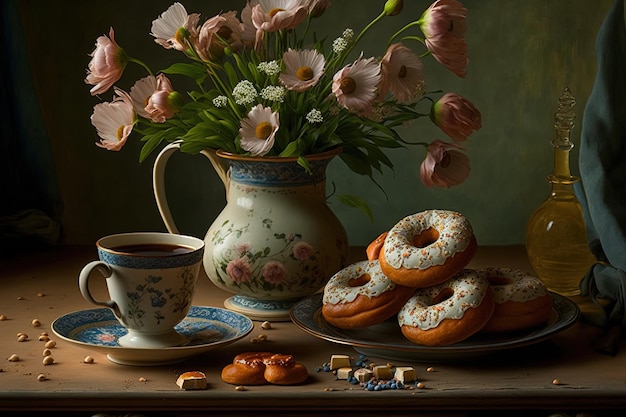 English style tea break morning still life with flowers and doughnuts