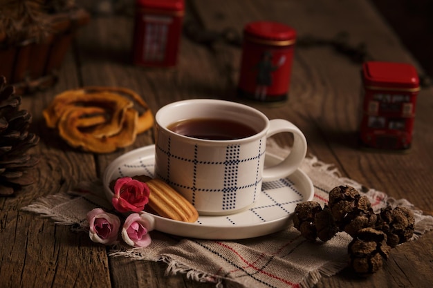 English tea with cookies on wooden table tea time in the afternoon rustic style