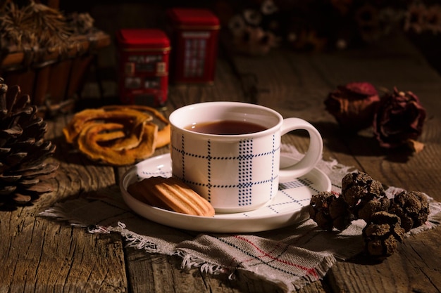 English tea with cookies on wooden table tea time in the afternoon rustic style