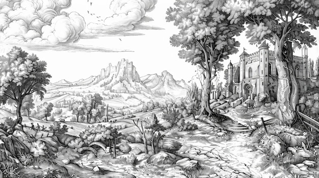 Photo engraved landscape with a medieval castle