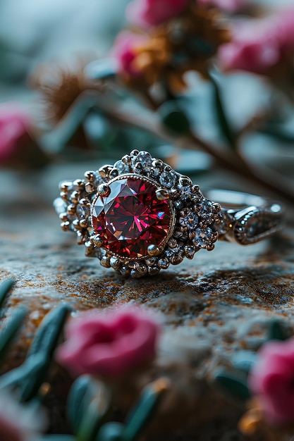 Engraved Ring Featuring a Stunning Ruby and Dazzling Diamonds