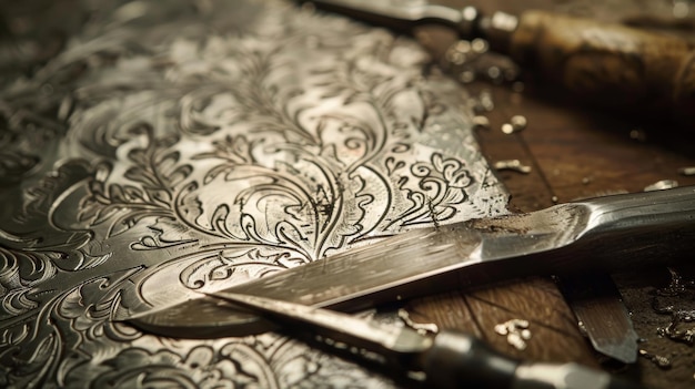 Photo an engravers burin the sharp point delicately etching intricate designs into the metal