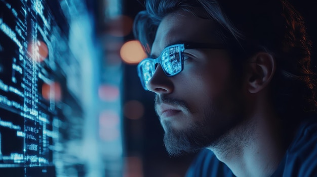 Engrossed in a digital analysis a person examines glowing data streams intently