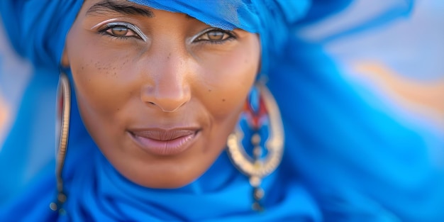 Photo enhanced colors and selective focus on tuareg woman in traditional blue dress concept cultural portrait vibrant colors selective focus traditional attire tuareg woman