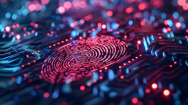 Enhanced security system using fingerprint technology on neon background for data protection Concept Biometric Security Fingerprint Technology Data Protection Neon Background