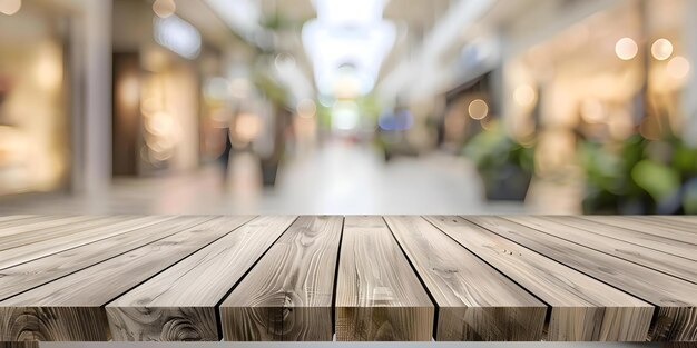 Photo enhancing depth wooden table display with products in blurred mall setting concept product photography depth of field blurred background mall setting wooden table display