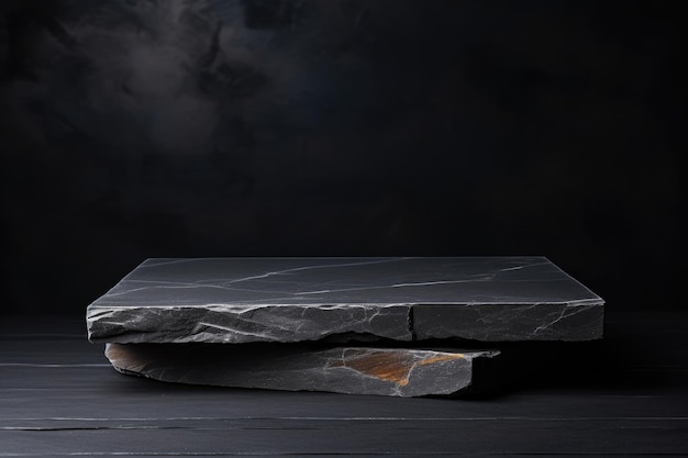 Enhancing Presentation Showcasing Packaging and Product on a Sleek Stone Podium against a Dark Blac