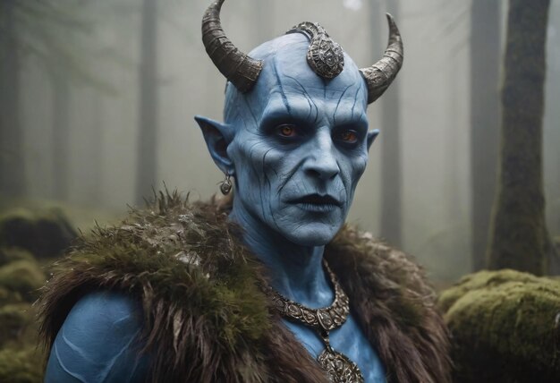 Enigmatic BlueSkinned Creature With Horns Emerges From a Misty Forest