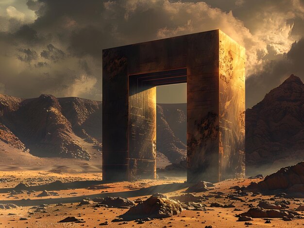 Photo enigmatic desert portal revealing otherworldly landscape beyond