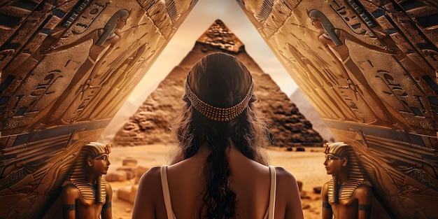 Enigmatic Egyptian Queen Immersed in a Mythical Setting Captured from Behind Concept Abstract Art Inspired by Nature Tranquil Landscapes Surreal Portraits Minimalist Still Life