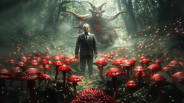 Enigmatic Figure Amidst a Mystical Forest of Crimson Mushrooms