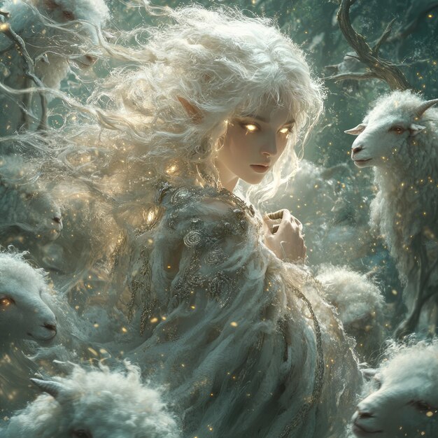 Photo enigmatic figure surrounded by ethereal sheep in a mystical forest