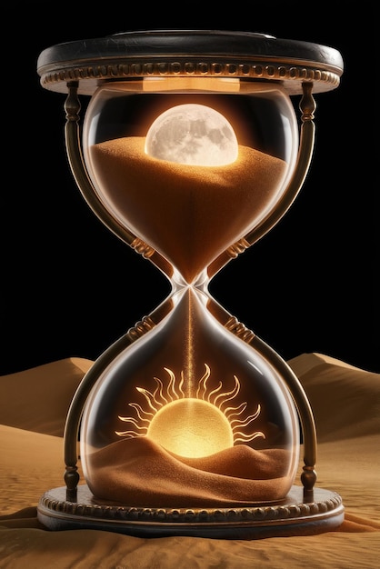 Photo enigmatic hourglass with celestial moon and sun illustrations on dark background