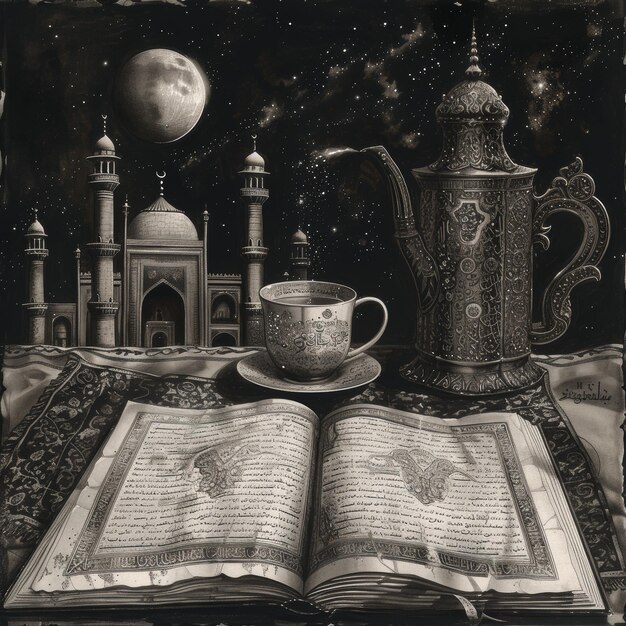 Enigmatic Night Scene with Ornate Teapot Cup and Illuminated Manuscript under Moonlight