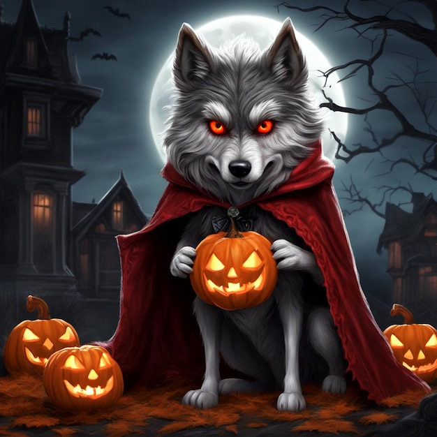 Enigmatic RedEyed Wolf Halloween Elegance in Detail