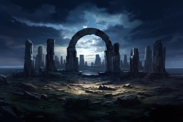 Enigmatic Stonehenge Circle Under Starry Sky Generative AI