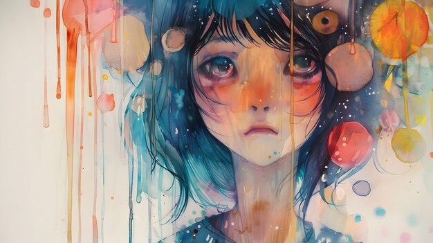 Enigmatic Surreal Portrait of a Contemplative Young Woman with Vibrant Dripping Watercolor Features