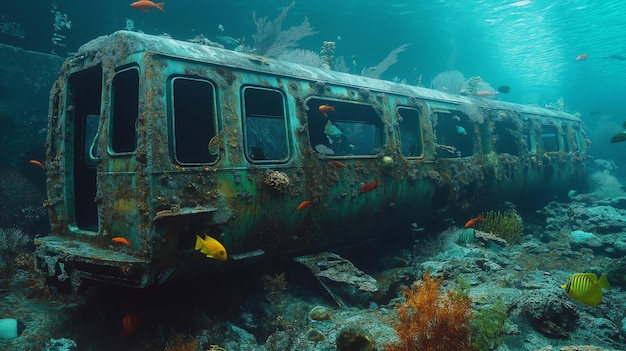 Photo enigmatic underwater scene of submerged subway car with marine life exploration and conservation