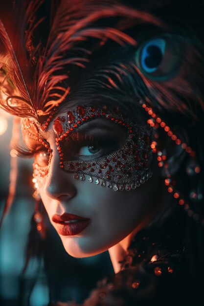 Enigmatic Woman in Ornate Feathered Mask with Red and Black Accents