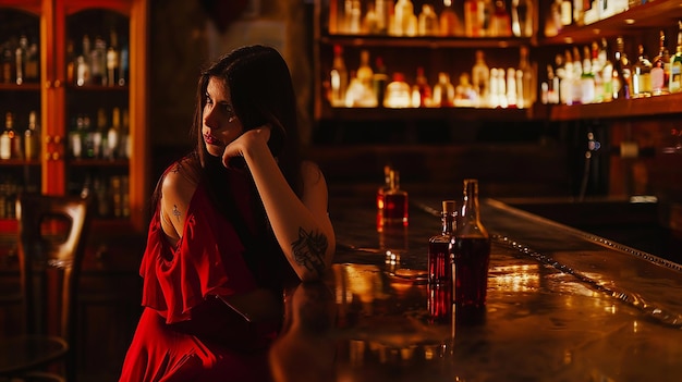 Enigmatic Woman in Red at a Dimly Lit Bar