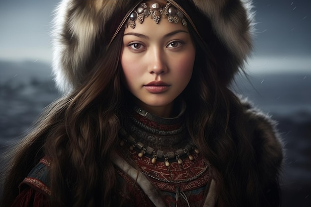 Enigmatic woman in traditional fur attire against snowy background