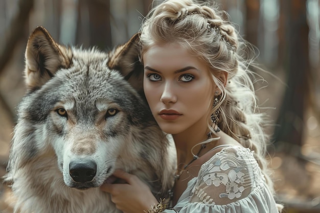 Enigmatic woman with majestic wolf in forest