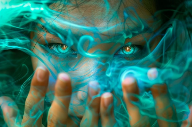 Enigmatic Woman with Piercing Eyes Through Mystic Turquoise Smoke Fantasy Conceptual Portrait